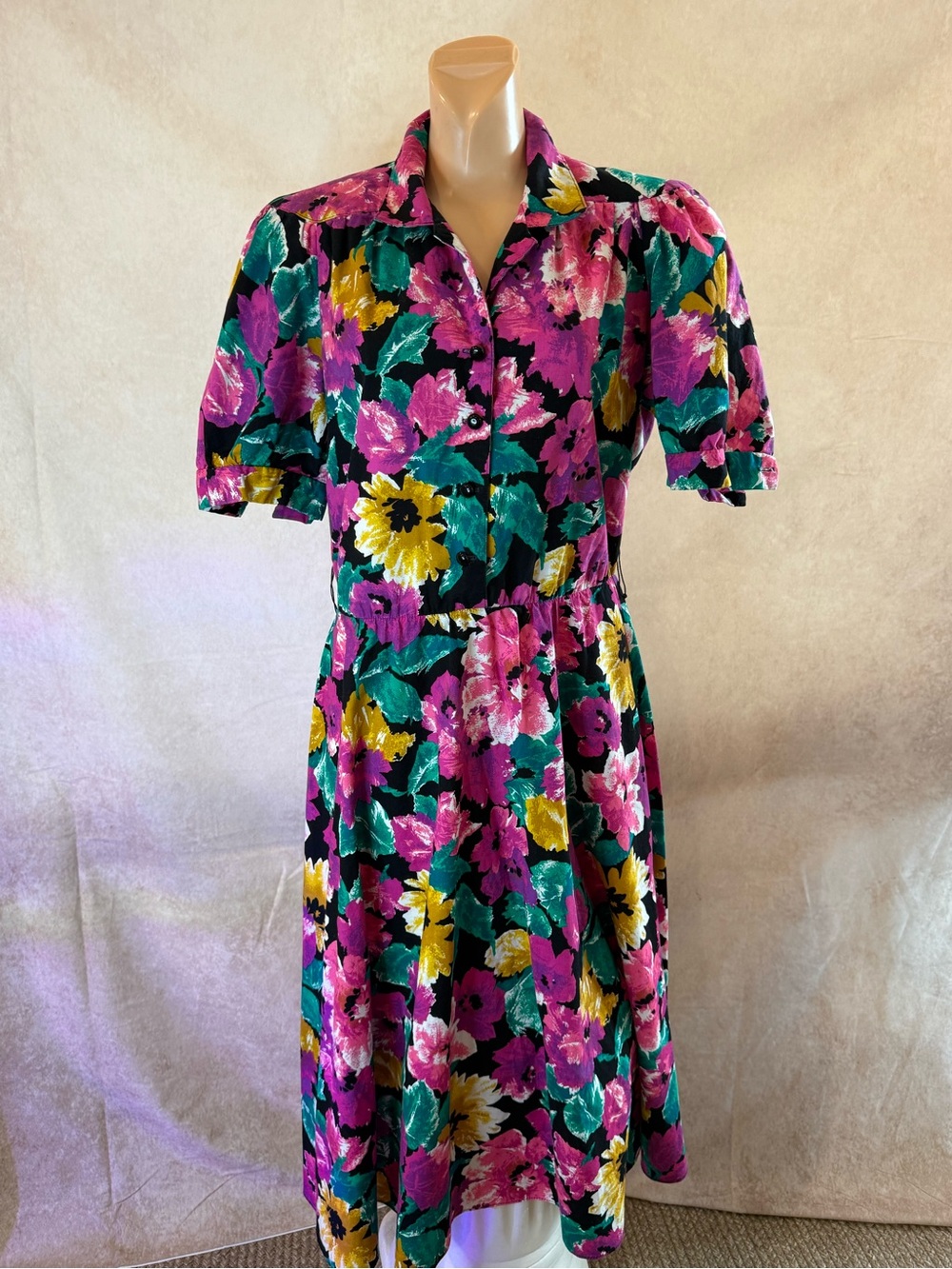 Vintage 80s Floral Midi Shirt Dress Pink Purple  Puff Sleeve Retro Cottagecore